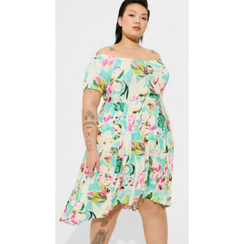Size 0 Torrid Skater Dress Floral Multicolor Mini Supersoft Off Shoulder